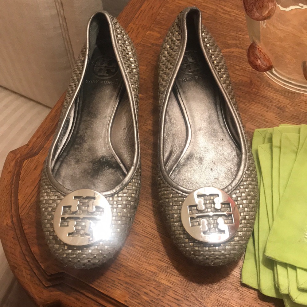 Tory Burch gray and silver metallic woven flat